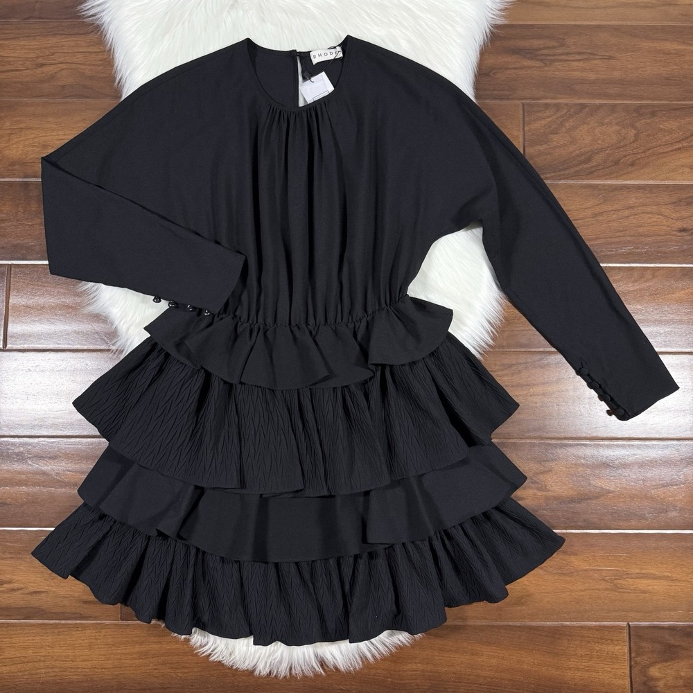 Rhode Women's Size Small Black Brienne Long Sleeve Ruffle Tiered Mini Dress